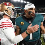 Jan 11, 2026; Philadelphia, PA, USA; San Francisco 49ers quarterback Brock Purdy (13) speaks with Philadelphia Eagles quarterback Jalen Hurts (1) after an NFC Wild Card Round game at Lincoln Financial Field. Mandatory Credit: Eric Hartline-Imagn Images