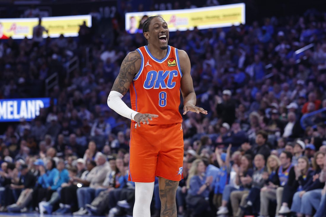 Jan 11, 2026; Oklahoma City, Oklahoma, USA; Oklahoma City Thunder guard/forward Jalen Williams (8) laughs after a play against the Miami Heat during the second half at Paycom Center.