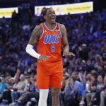 Jan 11, 2026; Oklahoma City, Oklahoma, USA; Oklahoma City Thunder guard/forward Jalen Williams (8) laughs after a play against the Miami Heat during the second half at Paycom Center.