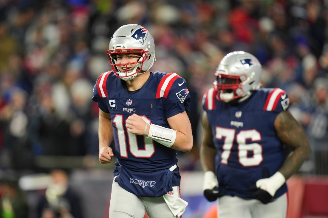 Jan 11, 2026; Foxborough, MA, USA; New England Patriots quarterback Drake Maye (10) celebrates during the fourth quarter against the Los Angeles Chargers in an AFC Wild Card Round game at Gillette Stadium. Mandatory Credit: David Butler II-Imagn Images