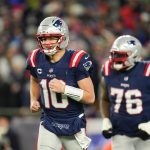 Jan 11, 2026; Foxborough, MA, USA; New England Patriots quarterback Drake Maye (10) celebrates during the fourth quarter against the Los Angeles Chargers in an AFC Wild Card Round game at Gillette Stadium. Mandatory Credit: David Butler II-Imagn Images