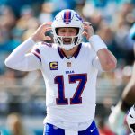 Buffalo Bills quarterback Josh Allen (17) calls a play during the first quarter of an NFL football AFC Wild Card playoff matchup, Sunday, Jan. 11, 2026, in Jacksonville, Fla. The Bills defeated the Jaguars 27-24.