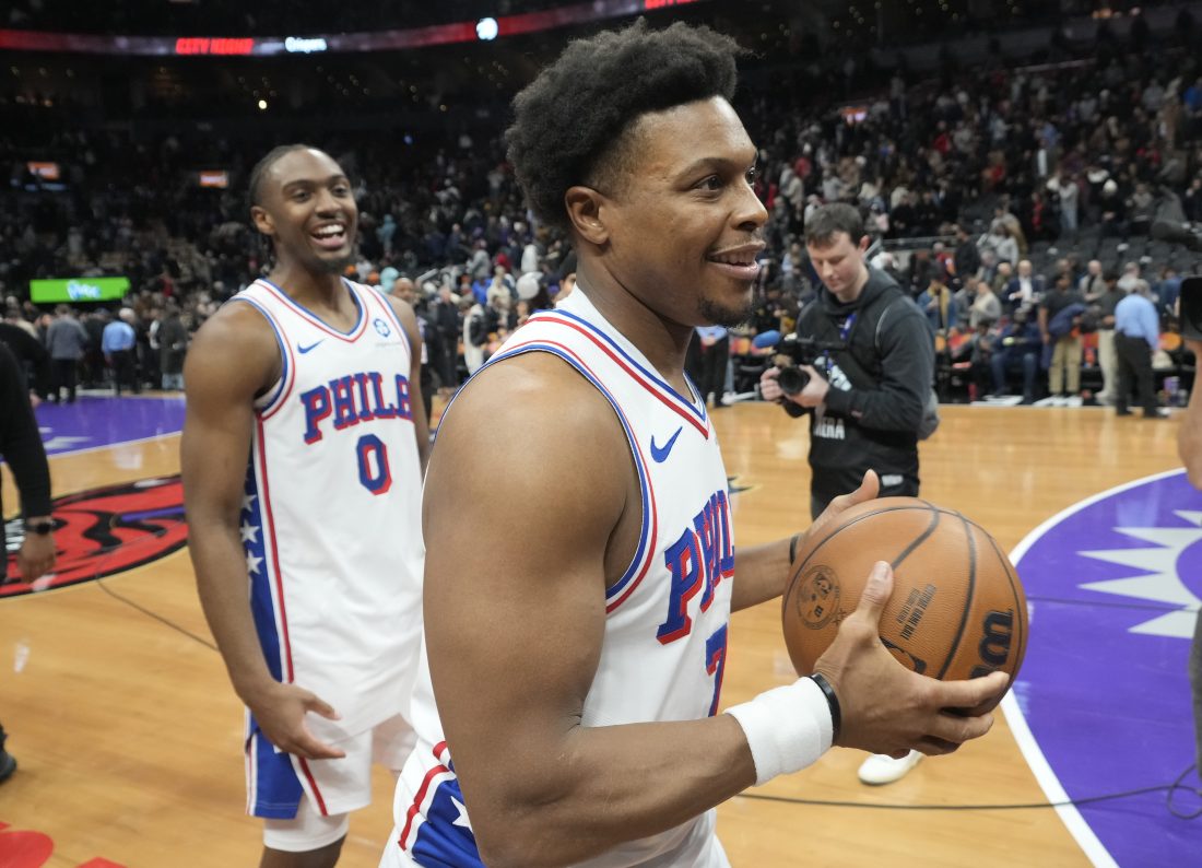 Jan 12, 2026; Toronto, Ontario, CAN; Philadelphia 76ers guard Kyle Lowry (7) and guard Tyrese Maxey (0) smile as they leave the court after a win over the Toronto Raptors at Scotiabank Arena. Mandatory Credit: John E. Sokolowski-Imagn Images