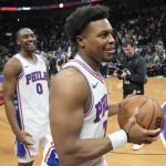 Jan 12, 2026; Toronto, Ontario, CAN; Philadelphia 76ers guard Kyle Lowry (7) and guard Tyrese Maxey (0) smile as they leave the court after a win over the Toronto Raptors at Scotiabank Arena. Mandatory Credit: John E. Sokolowski-Imagn Images
