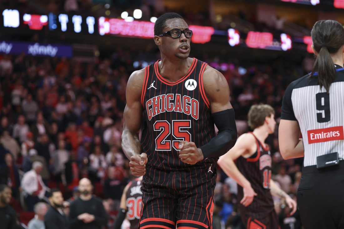 Jan 13, 2026; Houston, Texas, USA; Chicago Bulls forward Jalen Smith (25) reacts after a play during the fourth quarter against the Houston Rockets at Toyota Center. Mandatory Credit: Troy Taormina-Imagn Images