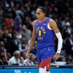 Jan 13, 2026; New Orleans, Louisiana, USA; Denver Nuggets guard Peyton Watson (8) reacts to making a basket against the New Orleans Pelicans during the fourth quarter at Smoothie King Center. Mandatory Credit: Matthew Hinton-Imagn Images
