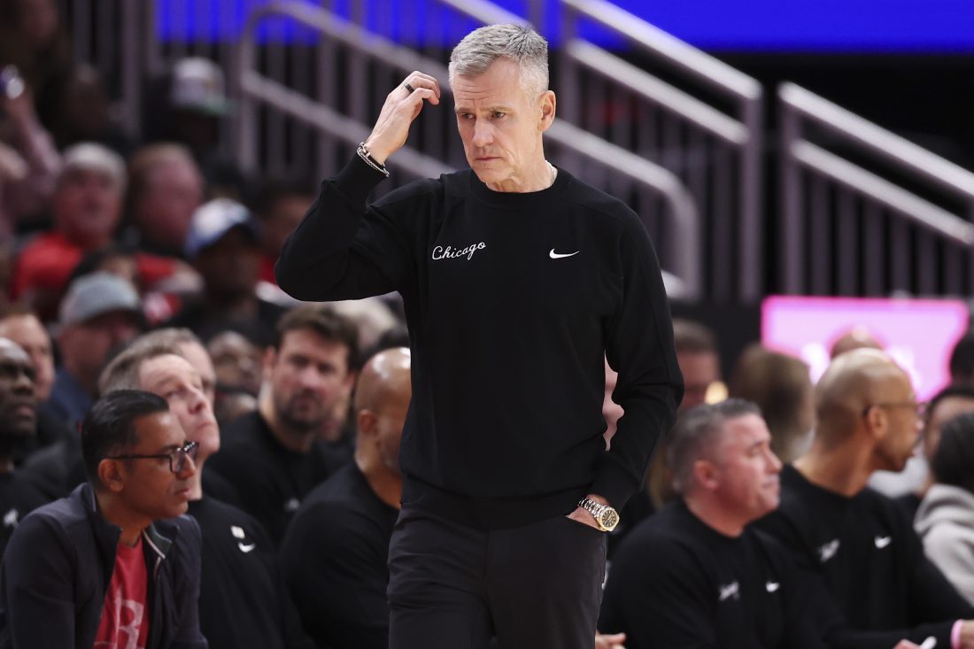 Jan 13, 2026; Houston, Texas, USA; Chicago Bulls head coach Billy Donovan reacts after a play during the second half against the Houston Rockets at Toyota Center. Mandatory Credit: Troy Taormina-Imagn Images