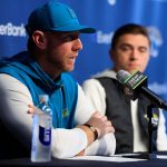 Jacksonville Jaguars head coach Liam Coen speaks during a press conference as general manager James Gladstone looks on at the Miller Electric Center, Wednesday, Jan. 14, 2026, in Jacksonville, Fla.
