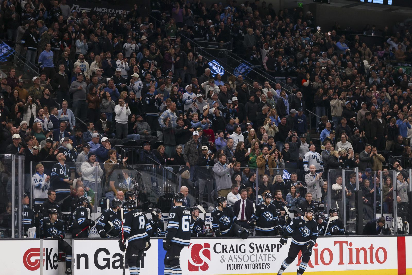 Jan 15, 2026; Salt Lake City, Utah, USA; The Utah Mammoth celebrate a goal against the Dallas Stars by center Nick Schmaltz (8) during the second period at Delta Center. Mandatory Credit: Rob Gray-Imagn Images
