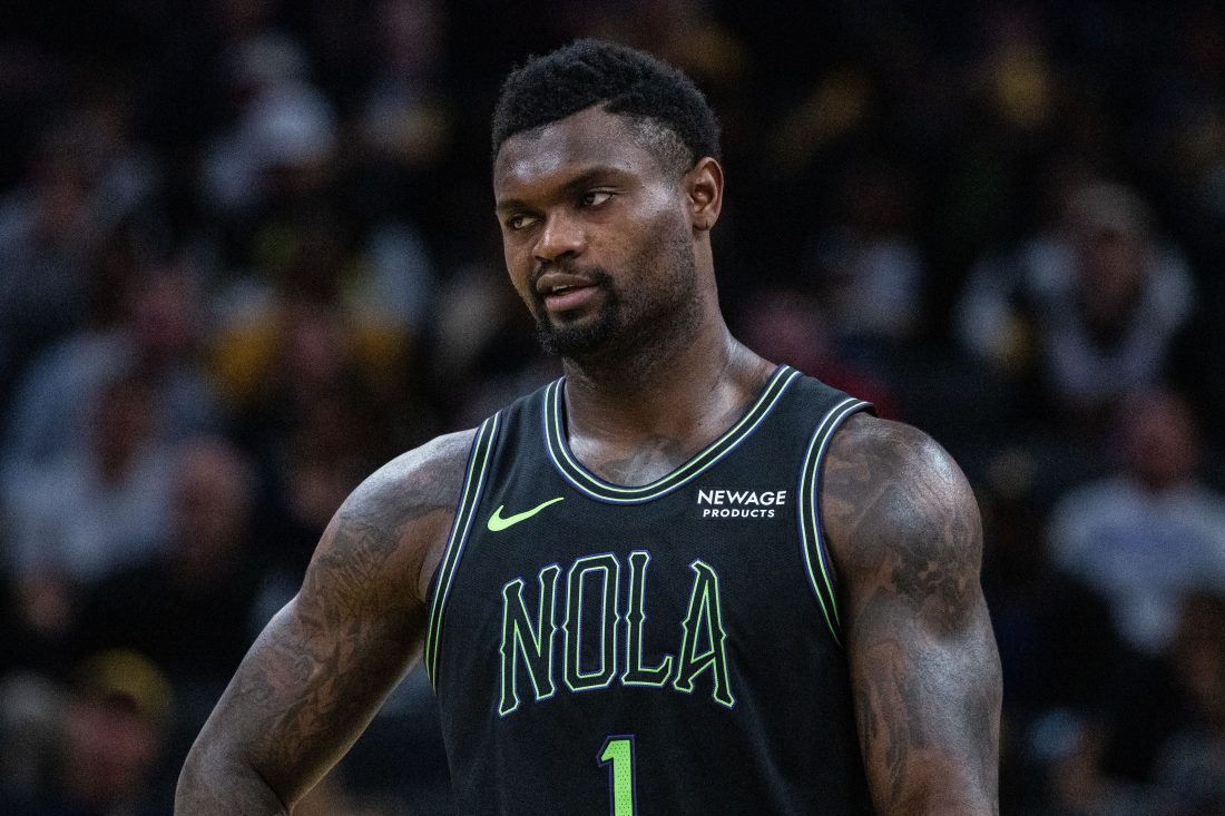 Jan 16, 2026; Indianapolis, Indiana, USA; New Orleans Pelicans forward Zion Williamson (1) in the second half against the Indiana Pacers at Gainbridge Fieldhouse. Mandatory Credit: Trevor Ruszkowski-Imagn Images