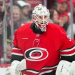 Jan 16, 2026; Raleigh, North Carolina, USA; Carolina Hurricanes goaltender Brandon Bussi (32) skates during the warmups before the game against the Florida Panthers at Lenovo Center. Mandatory Credit: James Guillory-Imagn Images