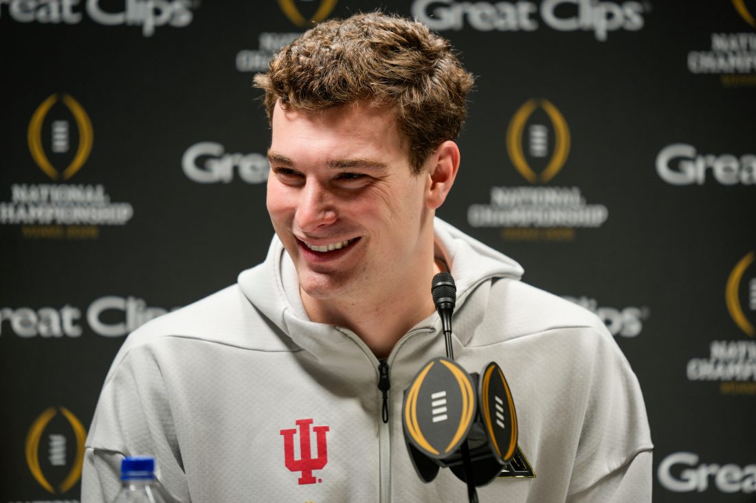 Indiana Hoosiers quarterback Fernando Mendoza (15) answers questions Saturday, Jan. 17, 2026, during the Indiana media day at the Miami Beach Convention Center in Miami.