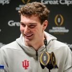 Indiana Hoosiers quarterback Fernando Mendoza (15) answers questions Saturday, Jan. 17, 2026, during the Indiana media day at the Miami Beach Convention Center in Miami.