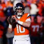 Jan 17, 2026; Denver, CO, USA; Denver Broncos quarterback Bo Nix (10) warms up before an AFC Divisional Round playoff game against the Buffalo Bills at Empower Field at Mile High.