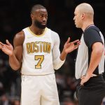 Jan 17, 2026; Atlanta, Georgia, USA; Boston Celtics guard Jaylen Brown (7) talks to a referee against the Atlanta Hawks in the first quarter at State Farm Arena. Mandatory Credit: Brett Davis-Imagn Images