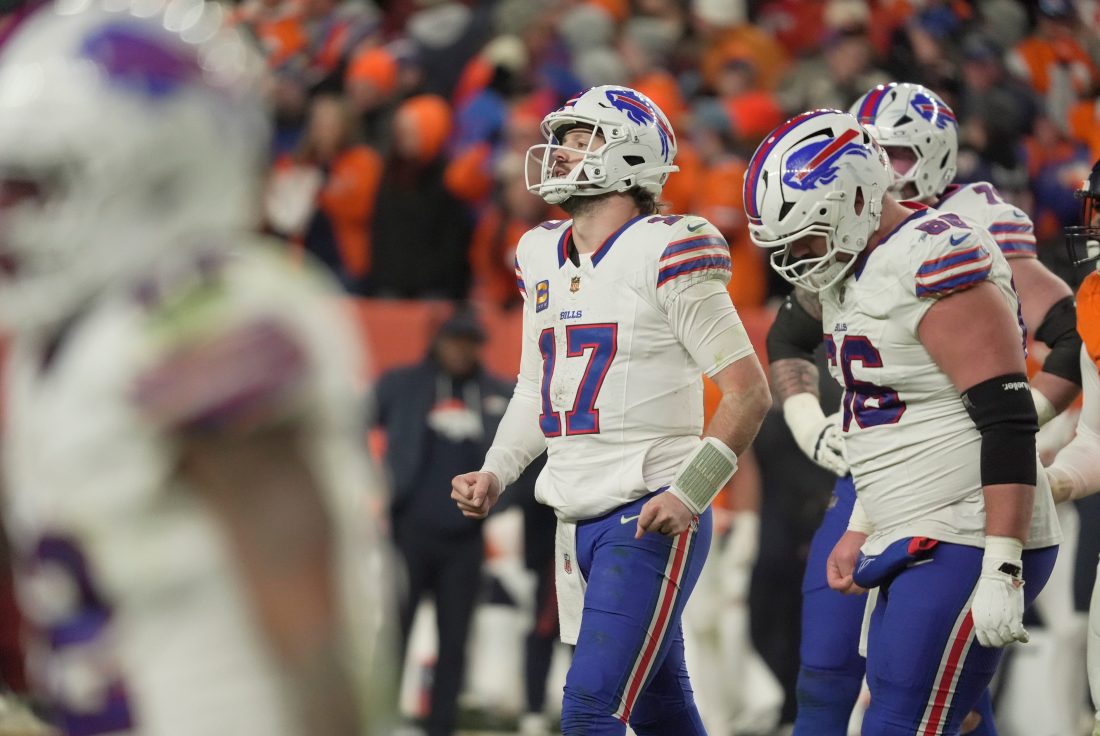 Buffalo Bills quarterback Josh Allen is disappointed in having to try for a field goal to tie the game after several unsuccessful drives to the end zone during second half action at Empower FIeld at Mile High in Denver, Colorado on Jan. 17, 2026.