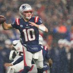 Jan 18, 2026; Foxborough, MA, USA; New England Patriots quarterback Drake Maye (10) throws in the third quarter against the Houston Texans in an AFC Divisional Round game at Gillette Stadium. Mandatory Credit: