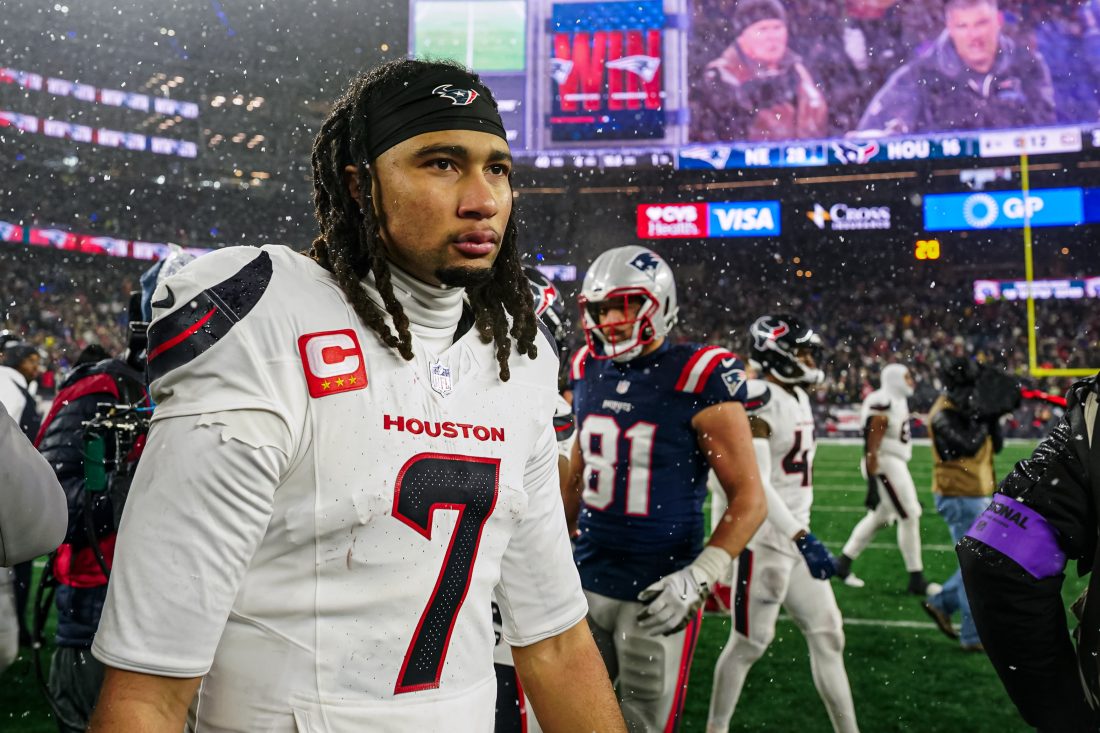 Jan 18, 2026; Foxborough, MA, USA; Houston Texans quarterback C.J. Stroud (7) after the game against the New England Patriots in an AFC Divisional Round game at Gillette Stadium. Mandatory Credit: David Butler II-Imagn Images