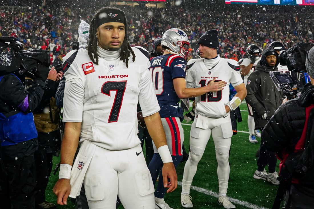 Jan 18, 2026; Foxborough, MA, USA; Houston Texans quarterback C.J. Stroud (7) after the game against the New England Patriots in an AFC Divisional Round game at Gillette Stadium. Mandatory Credit: