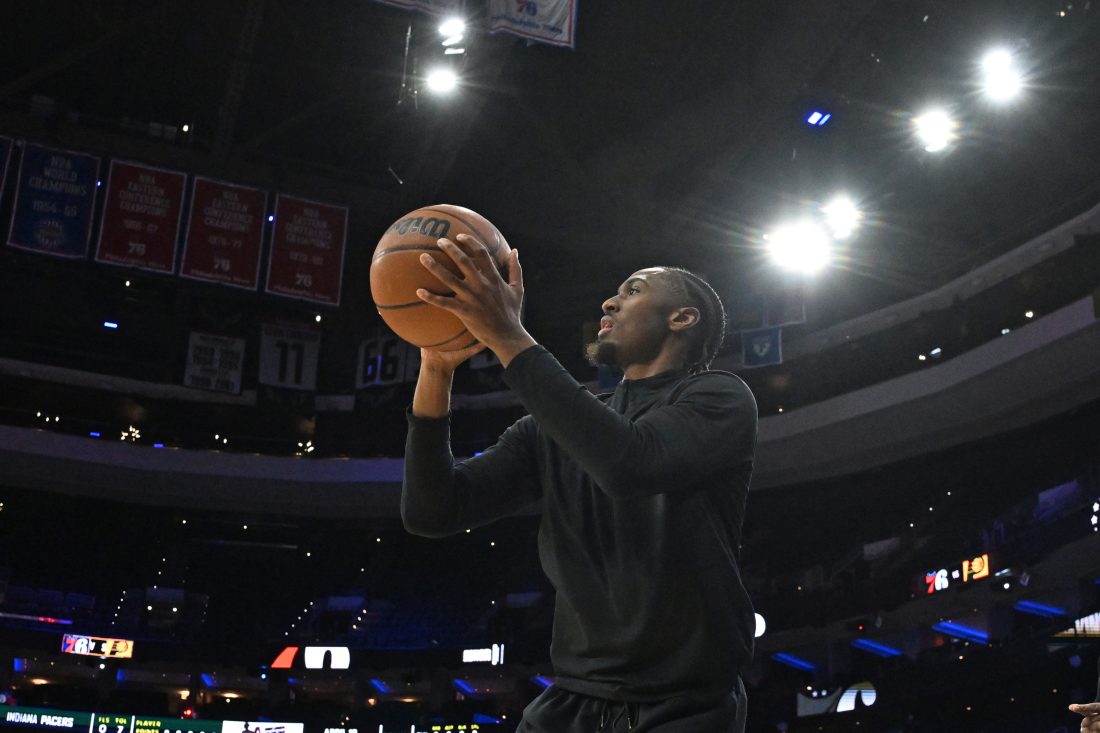 Jan 19, 2026; Philadelphia, Pennsylvania, USA; Philadelphia 76ers guard Tyrese Maxey (0) during warmups against the Indiana Pacers at Xfinity Mobile Arena. Mandatory Credit: Eric Hartline-Imagn Images