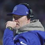 Buffalo Bills head coach Sean McDermott talks to one of the assistant coaches during second half action against the Philadelphia Eagles at Highmark Stadium in Orchard Park on Dec. 28, 2025.