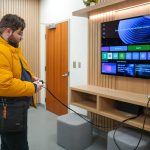 News Sentinel reporter Keenan Thomas plays with the Xbox controller attached to a LG TV at the new Laundry Lounge powered by LG inside the Fred Brown Hall at the University of Tennessee of campus on Jan. 20, 2026.
