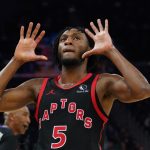 Jan 20, 2026; San Francisco, California, USA; Toronto Raptors guard Immanuel Quickley (5) celebrates after making a three-pointer against the Golden State Warriors in the third quarter at Chase Center. Mandatory Credit: David Gonzales-Imagn Images