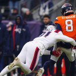 Jan 25, 2026; Denver, CO, USA; New England Patriots linebacker Elijah Ponder (91) pressures Denver Broncos quarterback Jarrett Stidham (8) during the first half in the 2026 AFC Championship Game at Empower Field at Mile High. Mandatory Credit: Ron Chenoy-Imagn Images