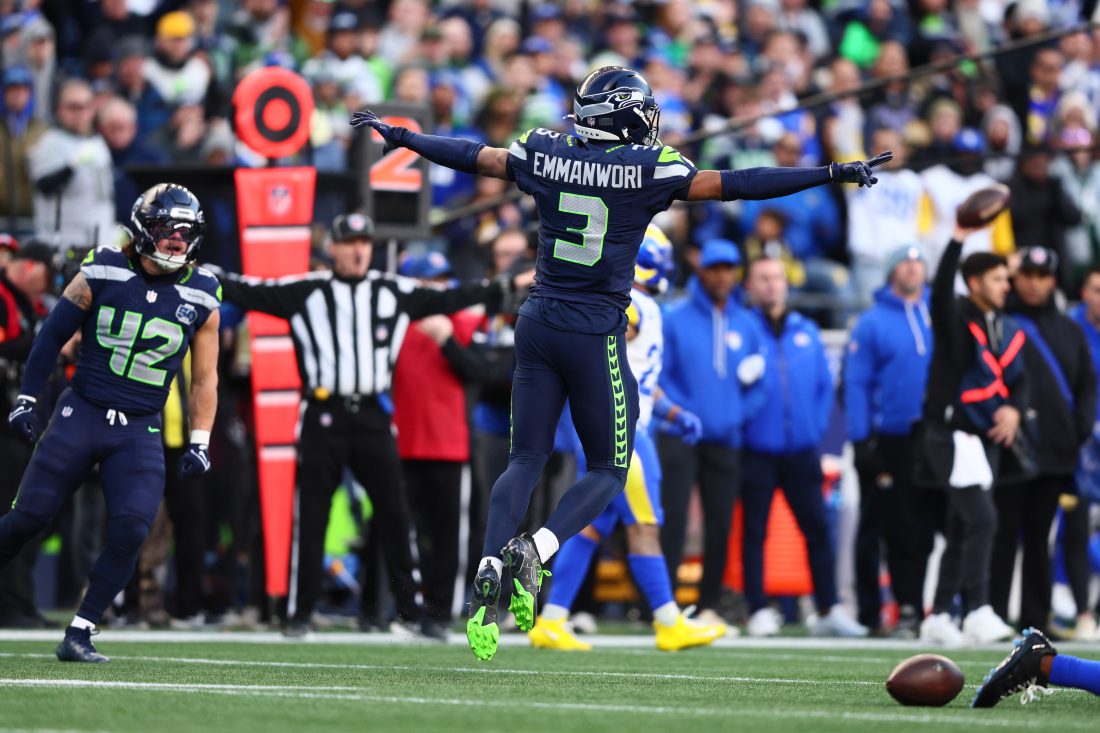 Jan 25, 2026; Seattle, WA, USA; Seattle Seahawks safety Nick Emmanwori (3) reacts after a play against the Los Angeles Rams during the first half in the 2026 NFC Championship Game at Lumen Field. Mandatory Credit: Kevin Ng-Imagn Images