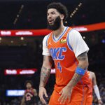 Jan 25, 2026; Oklahoma City, Oklahoma, USA; Oklahoma City Thunder guard/forward Kenrich Williams (34) reacts after a call against him during play against the Toronto Raptors in the second half at Paycom Center.