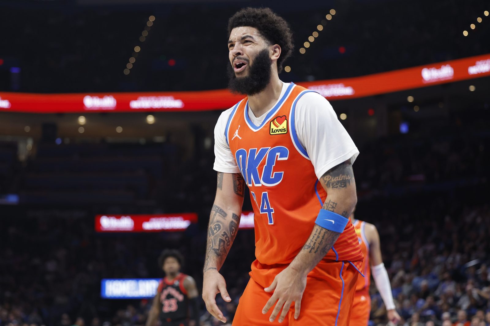 Jan 25, 2026; Oklahoma City, Oklahoma, USA; Oklahoma City Thunder guard/forward Kenrich Williams (34) reacts after a call against him during play against the Toronto Raptors in the second half at Paycom Center.