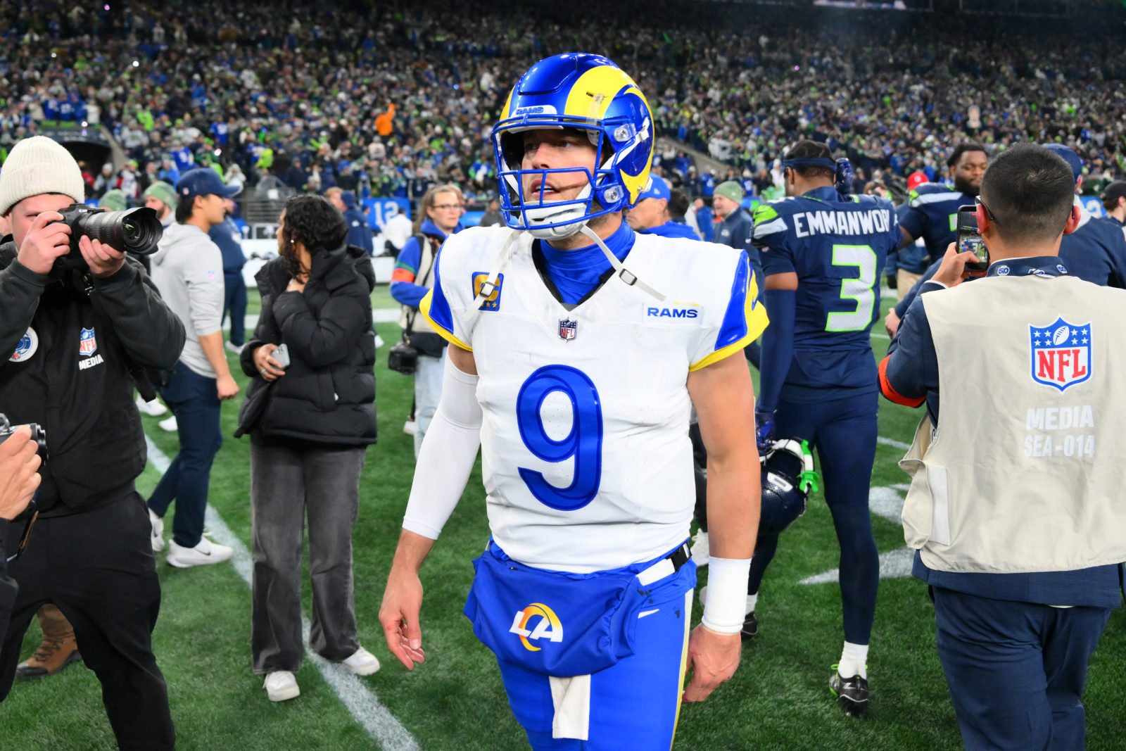 Jan 25, 2026; Seattle, WA, USA; Los Angeles Rams quarterback Matthew Stafford (9) leaves the field after the 2026 NFC Championship Game against the Seattle Seahawks at Lumen Field.