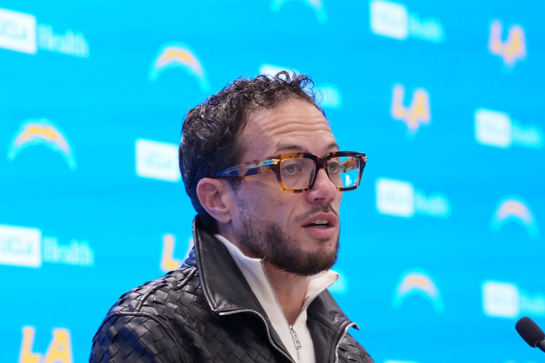 January 27, 2026; El Segundo, California, USA; Los Angeles Chargers offensive coordinator Mike McDaniel speaks at introductory press conference at The Bolt. Mandatory Credit: Kirby Lee-Imagn Images