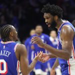 Jan 29, 2026; Philadelphia, Pennsylvania, USA; Philadelphia 76ers center Joel Embiid (21) reacts with Philadelphia 76ers guard Tyrese Maxey (L) after a victory against the Sacramento Kings at Xfinity Mobile Arena. Mandatory Credit: Bill Streicher-Imagn Images
