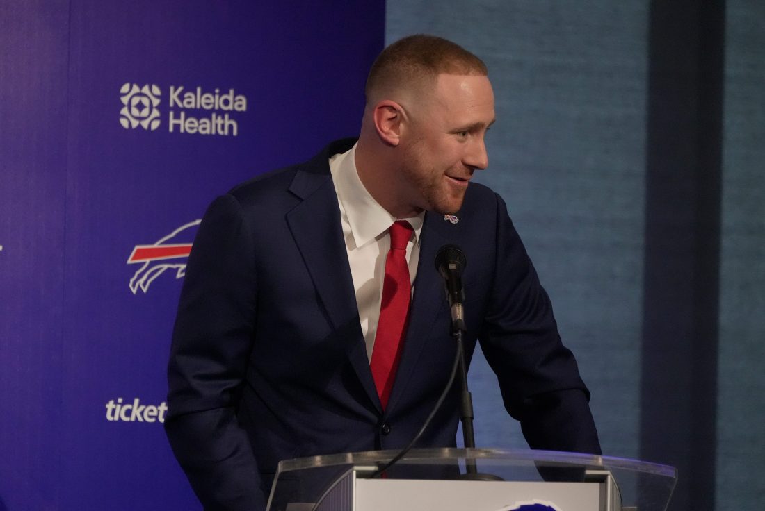 Joe Brady talks about his respect of his players at press conference that introduced him as the new head coach at the Bills field house in Orchard Park on Jan. 29, 2026.