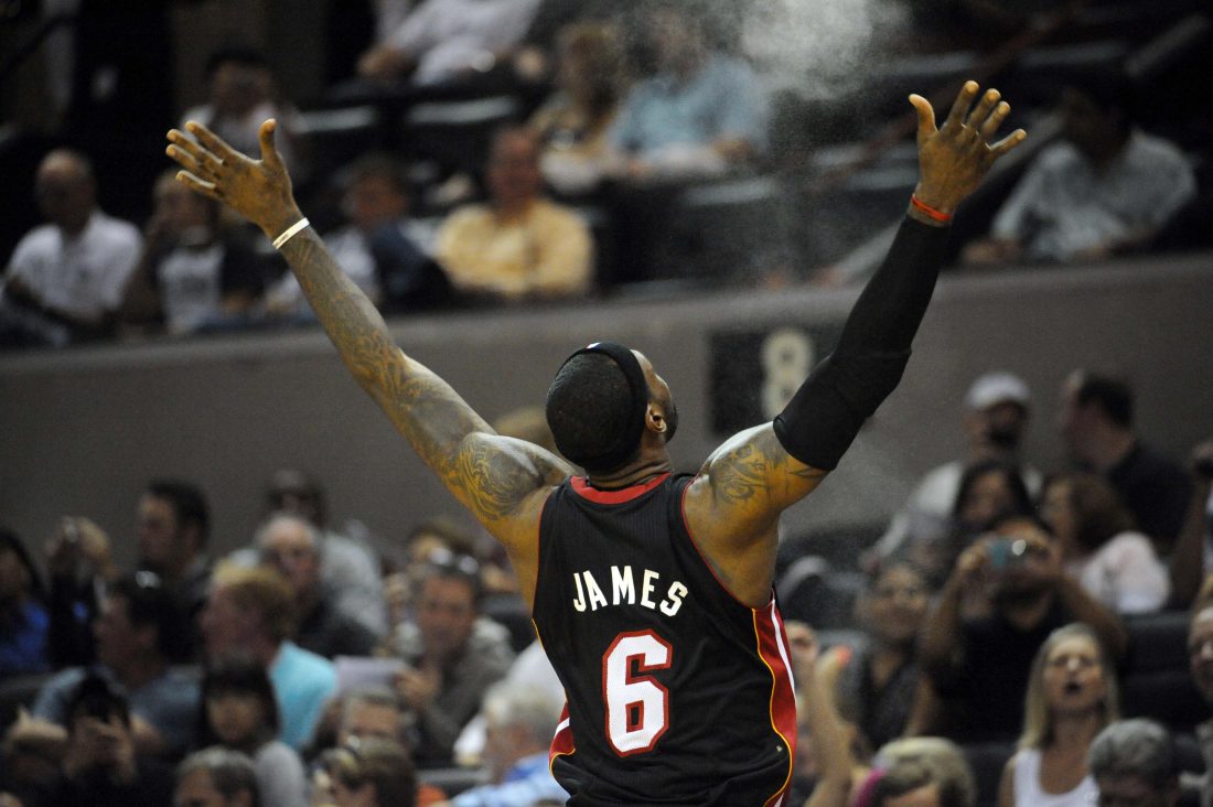 Oct 9, 2010; San Antonio, TX, USA; Miami Heat forward LeBron James (6) warms up prior to a game against the San Antonio Spurs at the AT&T Center.