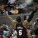 Oct 9, 2010; San Antonio, TX, USA; Miami Heat forward LeBron James (6) warms up prior to a game against the San Antonio Spurs at the AT&T Center.