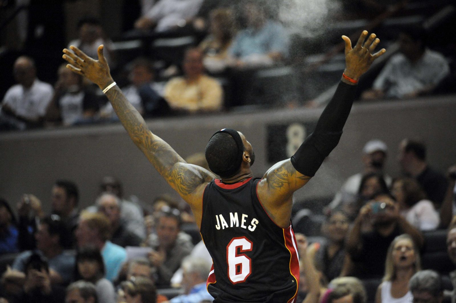 Oct 9, 2010; San Antonio, TX, USA; Miami Heat forward LeBron James (6) warms up prior to a game against the San Antonio Spurs at the AT&T Center.
