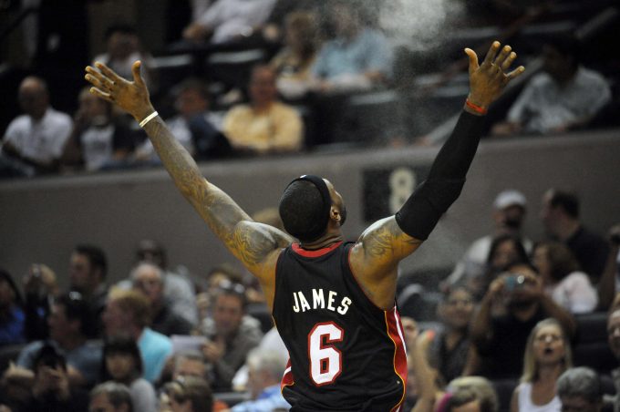 Oct 9, 2010; San Antonio, TX, USA; Miami Heat forward LeBron James (6) warms up prior to a game against the San Antonio Spurs at the AT&T Center.