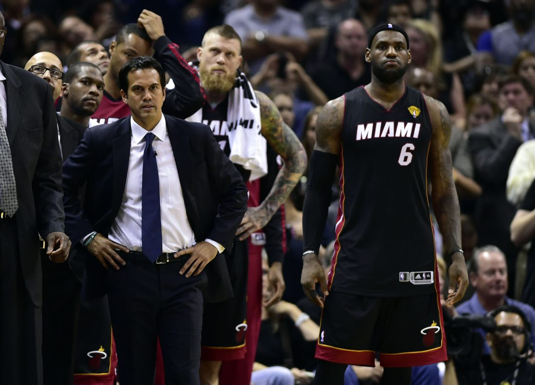 Jun 15, 2014; San Antonio, TX, USA; Miami Heat forward LeBron James (6) and Miami Heat head coach Erik Spoelstra react on the sideline during the fourth quarter against the San Antonio Spurs in game five of the 2014 NBA Finals at AT&T Center. Mandatory Credit: Bob Donnan-USA TODAY Sports