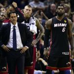 Jun 15, 2014; San Antonio, TX, USA; Miami Heat forward LeBron James (6) and Miami Heat head coach Erik Spoelstra react on the sideline during the fourth quarter against the San Antonio Spurs in game five of the 2014 NBA Finals at AT&T Center. Mandatory Credit: Bob Donnan-USA TODAY Sports