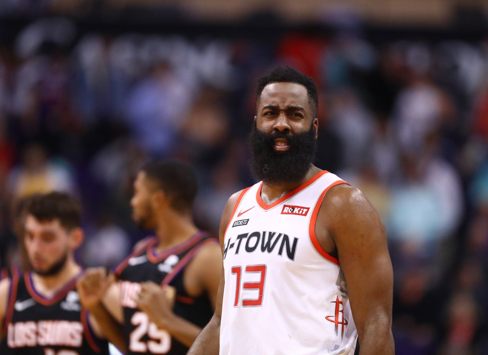 Dec 21, 2019; Phoenix, Arizona, USA; Houston Rockets guard James Harden (13) against the Phoenix Suns at Talking Stick Resort Arena. Mandatory Credit: Mark J. Rebilas-USA TODAY Sports