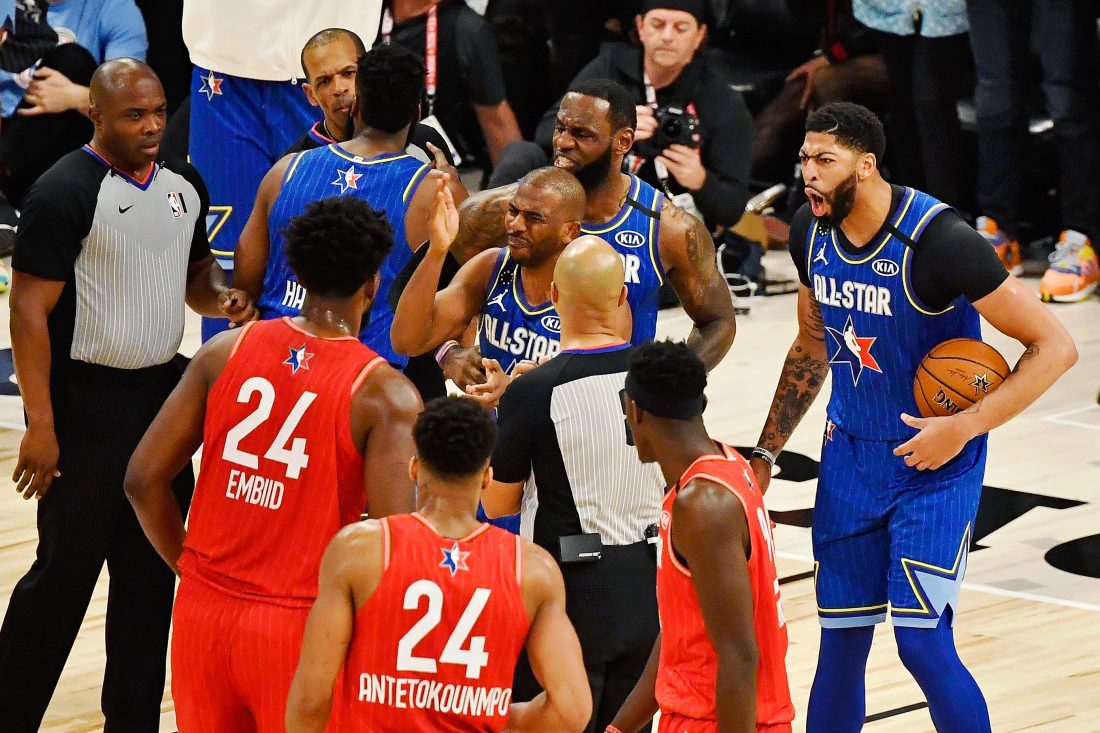 Feb 16, 2020; Chicago, Illinois, USA; Team LeBron guard Chris Paul of the Oklahoma City Thunder (front), forward LeBron James of the Los Angeles Lakers (back) and forward Anthony Davis of the Los Angeles Lakers (right) react to a call during the fourth quarter during the 2020 NBA All Star Game at United Center. Mandatory Credit: Quinn Harris-USA TODAY Sports