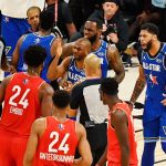 Feb 16, 2020; Chicago, Illinois, USA; Team LeBron guard Chris Paul of the Oklahoma City Thunder (front), forward LeBron James of the Los Angeles Lakers (back) and forward Anthony Davis of the Los Angeles Lakers (right) react to a call during the fourth quarter during the 2020 NBA All Star Game at United Center. Mandatory Credit: Quinn Harris-USA TODAY Sports