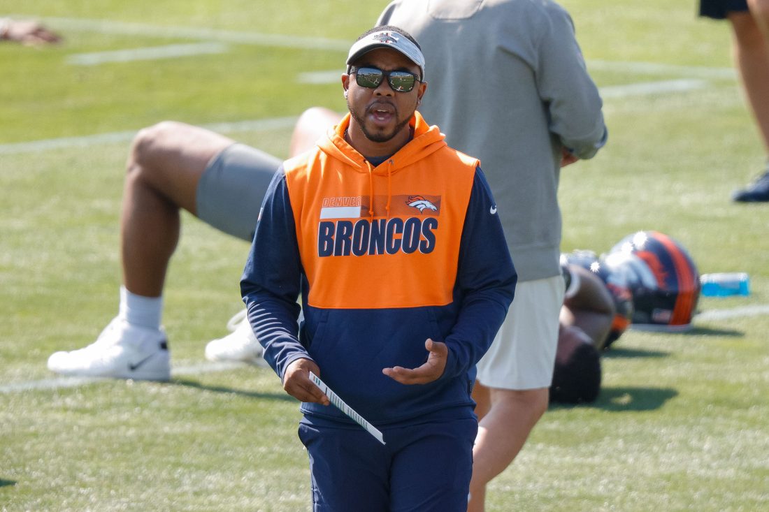 Jul 28, 2021; Englewood, CO, United States; Denver Broncos defensive backs coach Christian Parker during training camp at UCHealth Training Complex. Mandatory Credit: Isaiah J. Downing-USA TODAY Sports