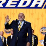 Jun 28, 2023; Nashville, Tennessee, USA; Nashville Predators incoming general manager Barry Trotz announces the twenty fourth pick in round one of the 2023 NHL Draft at Bridgestone Arena.