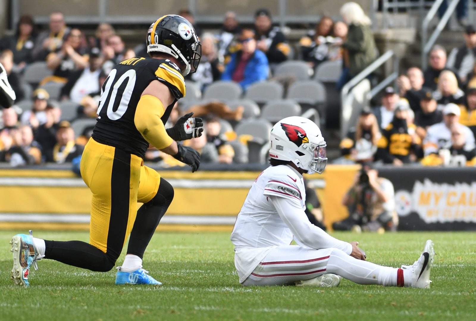 Dec 3, 2023; Pittsburgh, Pennsylvania, USA; Pittsburgh Steelers linebacker T.J. Watt (90) celebrates a tackle of Arizona Cardinals quarterback Kyler Murray (1) during the second quarter at Acrisure Stadium. Mandatory Credit: Philip G. Pavely-USA TODAY Sports