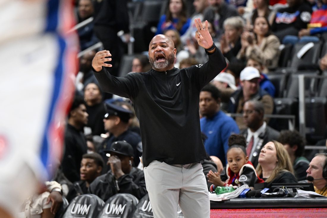 Jan 1, 2025; Detroit, Michigan, USA; Detroit Pistons head coach JB. Bickerstaff yells instructions to his team against the Orlando Magic in the second quarter at Little Caesars Arena. Mandatory Credit: