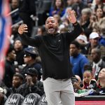 Jan 1, 2025; Detroit, Michigan, USA; Detroit Pistons head coach JB. Bickerstaff yells instructions to his team against the Orlando Magic in the second quarter at Little Caesars Arena. Mandatory Credit: