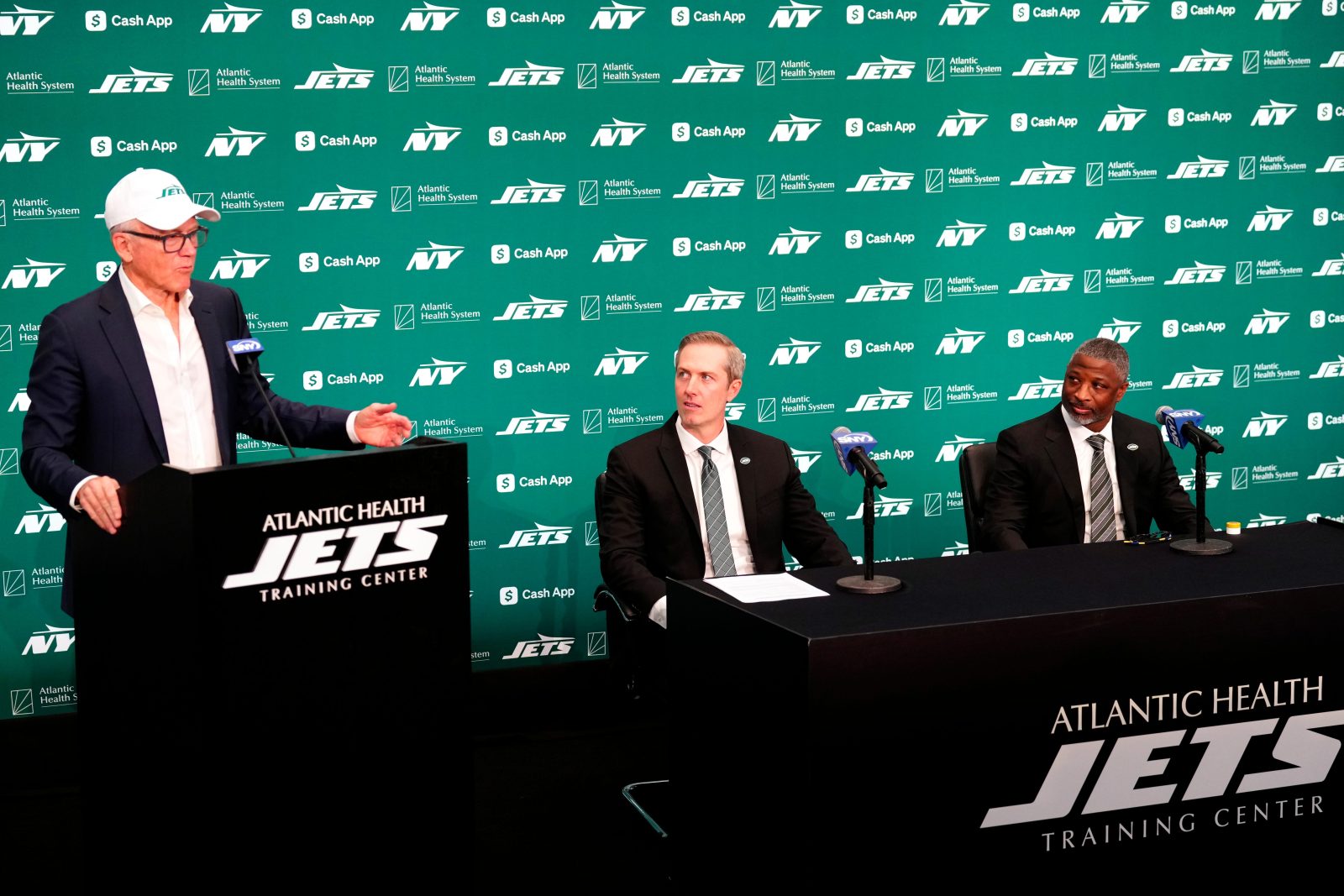 New York Jets Owner Woody Johnson is shown at a press conference with his new general manager, Darren Mougey and new head coach, Aaron Glenn, Monday, January 27, 2025, in Florham Park.